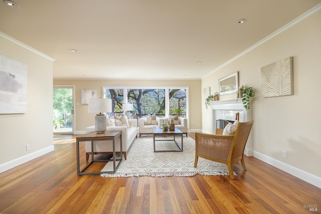 living room with ornamental molding, baseboards, and wood finished floors