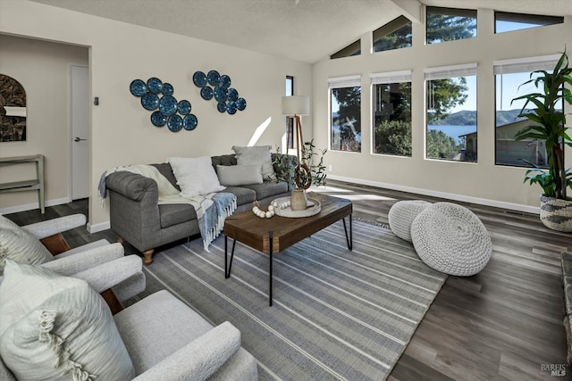 living room featuring vaulted ceiling with beams, baseboards, and wood finished floors