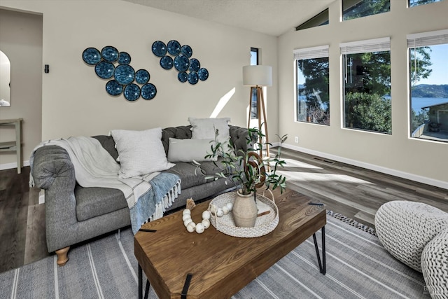 living area with vaulted ceiling, wood finished floors, visible vents, and baseboards