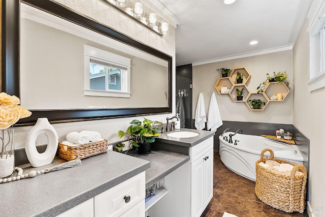 bathroom featuring recessed lighting, crown molding, a bath, and vanity