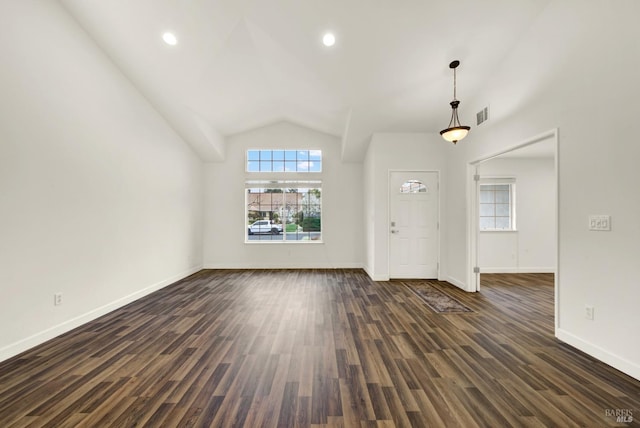 foyer with baseboards, visible vents, dark wood finished floors, lofted ceiling, and recessed lighting