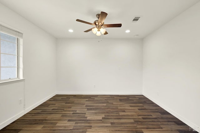 empty room with visible vents, ceiling fan, baseboards, recessed lighting, and wood finished floors