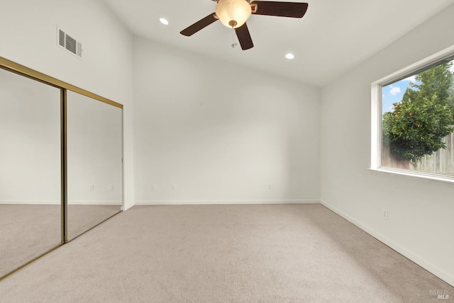 unfurnished bedroom featuring recessed lighting, visible vents, and carpet flooring