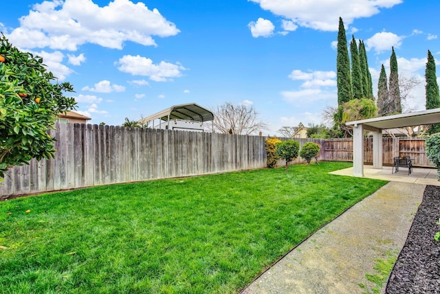 view of yard featuring a carport, a patio area, and a fenced backyard