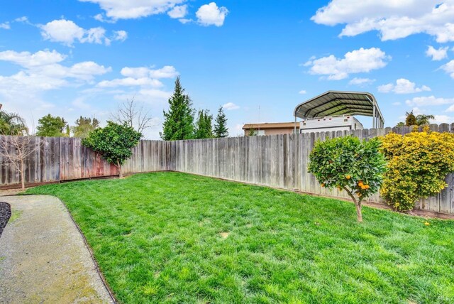 view of yard with a detached carport and a fenced backyard