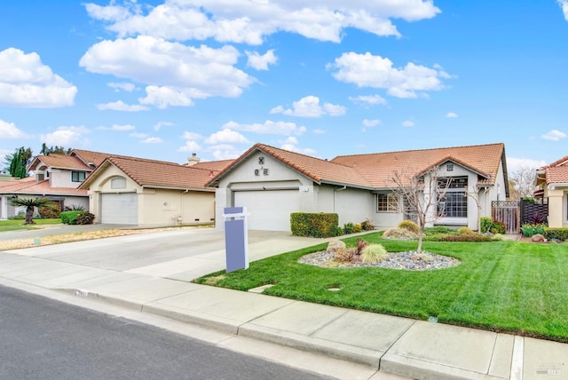 view of front of home featuring a tile roof, a front yard, stucco siding, driveway, and an attached garage