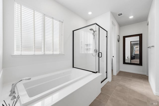 full bath with visible vents, recessed lighting, a stall shower, tile patterned flooring, and a bath