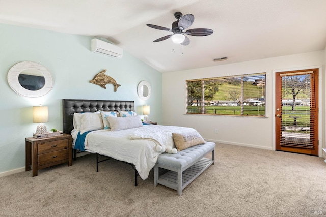 bedroom featuring an AC wall unit, light carpet, vaulted ceiling, access to outside, and baseboards