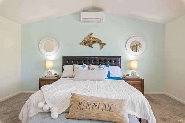 bedroom with baseboards, carpet flooring, and a wall mounted AC