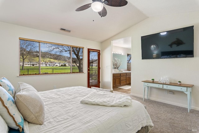 bedroom featuring ceiling fan, lofted ceiling, light carpet, visible vents, and baseboards