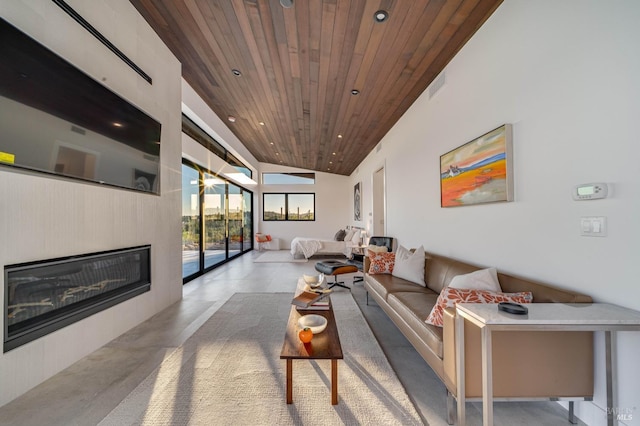 3400 Atlas Peak Rd, Napa, CA 94558 - living area with recessed lighting, visible vents, wood ceiling, vaulted ceiling, and a glass covered fireplace