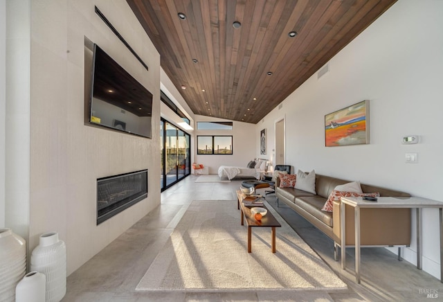 3400 Atlas Peak Rd, Napa, CA 94558 - living room with visible vents, a glass covered fireplace, wooden ceiling, concrete floors, and recessed lighting