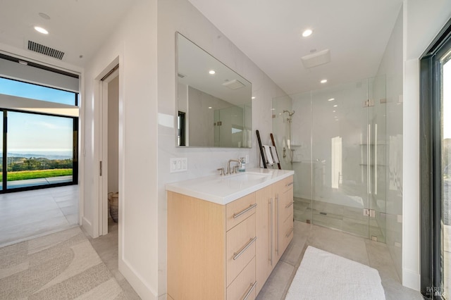 3400 Atlas Peak Rd, Napa, CA 94558 - full bathroom featuring visible vents, tile patterned floors, vanity, a shower stall, and recessed lighting