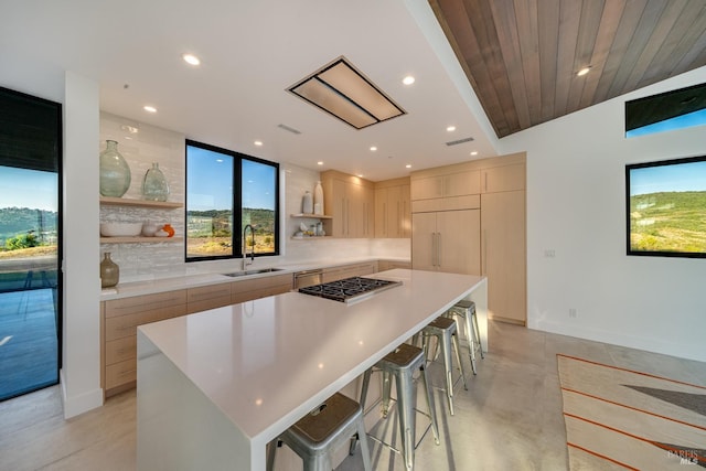 3400 Atlas Peak Rd, Napa, CA 94558 - kitchen with a large island, open shelves, tasteful backsplash, a sink, and modern cabinets