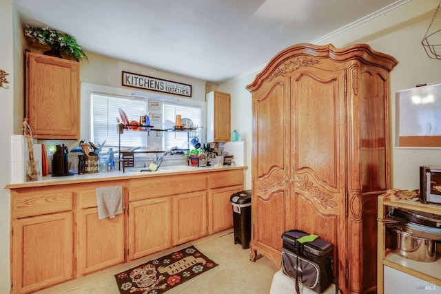 kitchen with light countertops, light brown cabinetry, and a sink