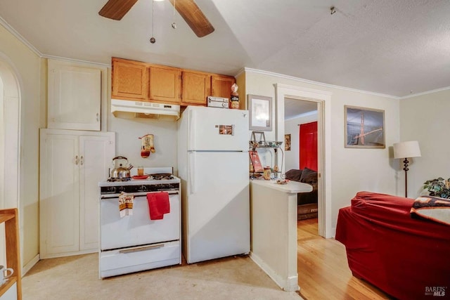 kitchen with white appliances, baseboards, ceiling fan, ornamental molding, and under cabinet range hood