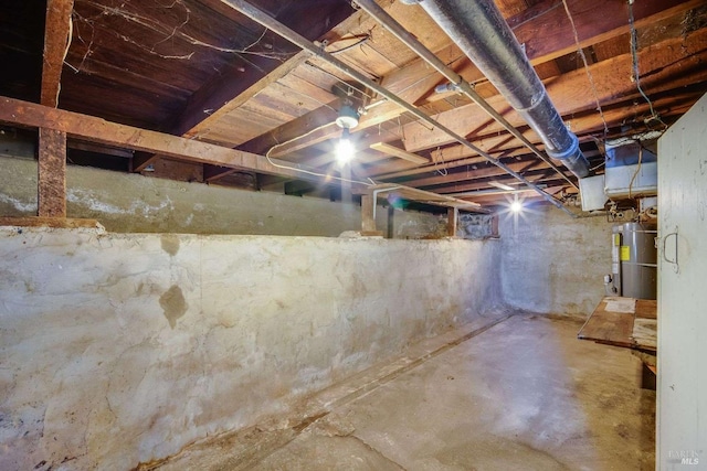 unfinished basement with strapped water heater