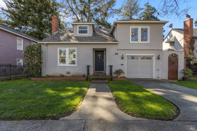 view of front of property with a chimney, concrete driveway, an attached garage, fence, and a front lawn