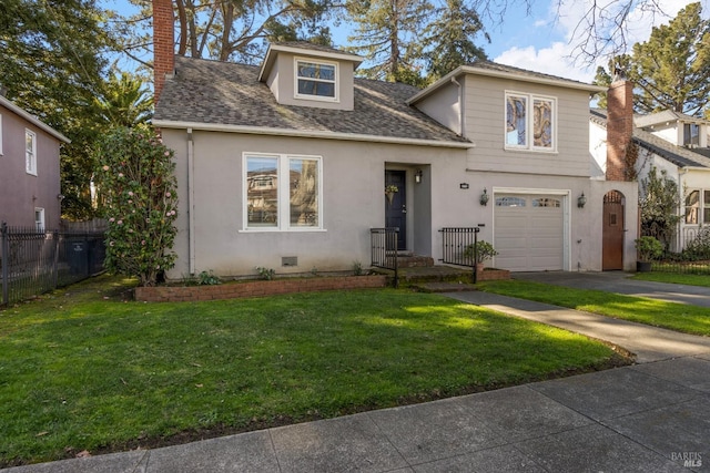 view of front of property with a garage, fence, driveway, stucco siding, and a front lawn