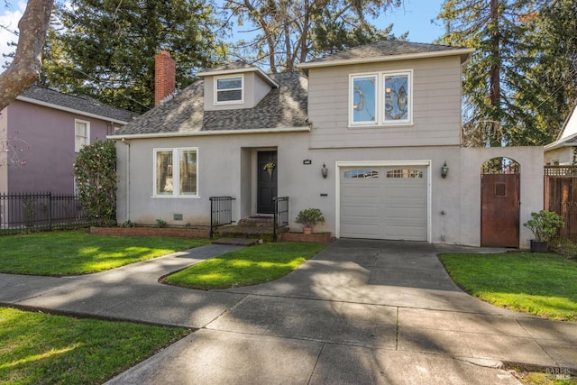 view of front of property with roof with shingles, a chimney, crawl space, fence, and driveway