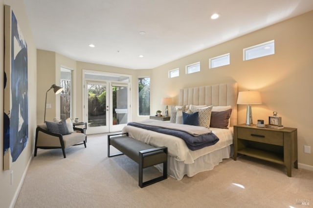 bedroom featuring recessed lighting, light colored carpet, baseboards, access to outside, and french doors