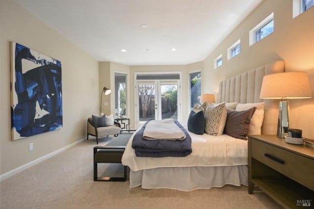 carpeted bedroom with access to exterior, recessed lighting, and baseboards