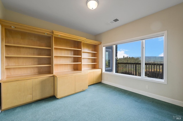 unfurnished office featuring baseboards, visible vents, and carpet flooring