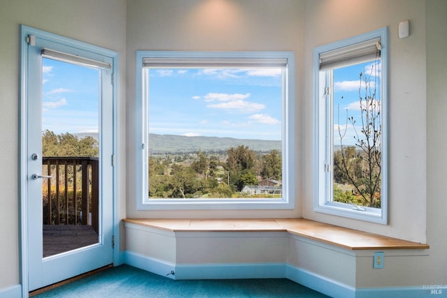 interior space featuring carpet, a mountain view, and baseboards