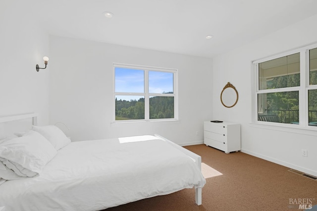 bedroom with recessed lighting, visible vents, baseboards, and carpet floors