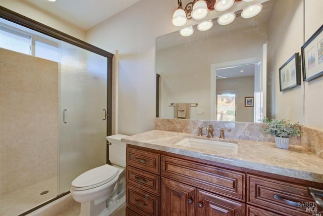 full bath featuring vanity, a shower stall, and toilet