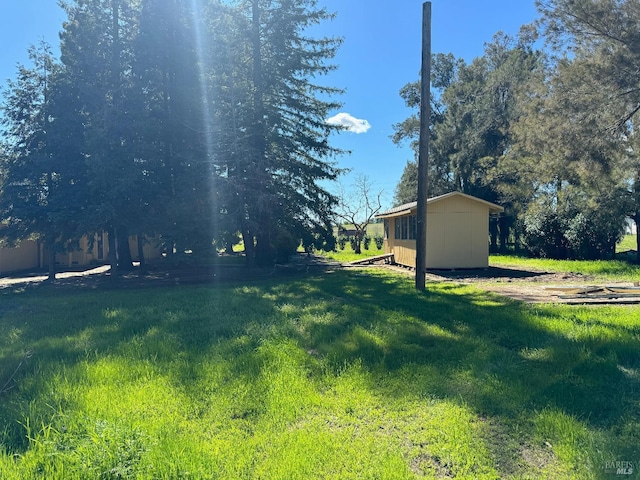 view of yard featuring an outbuilding and a storage shed