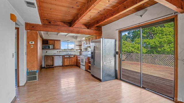 kitchen with visible vents, beamed ceiling, light wood-style floors, brown cabinetry, and stainless steel appliances