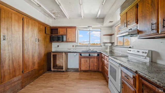 kitchen featuring stainless steel microwave, a sink, white range with electric cooktop, under cabinet range hood, and open shelves