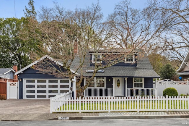 view of front facade featuring a porch, a fenced front yard, a garage, driveway, and roof with shingles