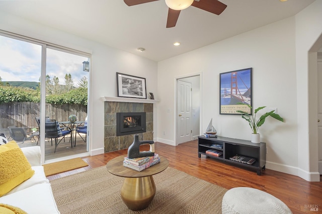8 June Ct, Fairfax, CA 94930 - living area with ceiling fan, wood finished floors, baseboards, a fireplace, and recessed lighting