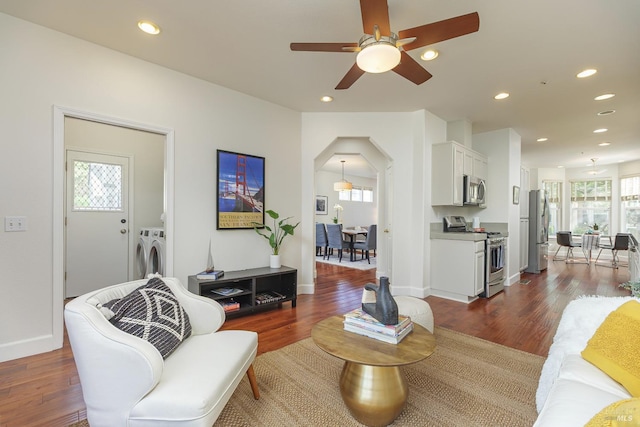8 June Ct, Fairfax, CA 94930 - living room featuring washing machine and clothes dryer, dark wood-type flooring, a ceiling fan, recessed lighting, and baseboards