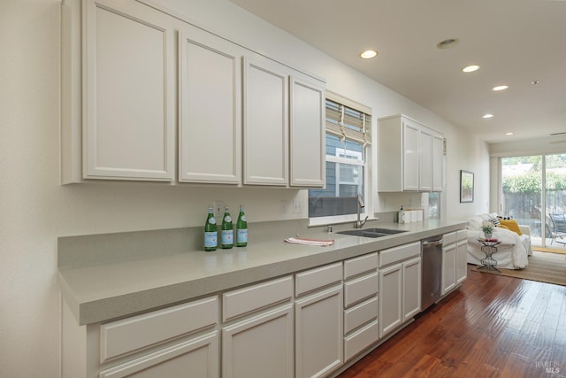 8 June Ct, Fairfax, CA 94930 - kitchen with a sink, stainless steel dishwasher, recessed lighting, dark wood-style flooring, and light countertops