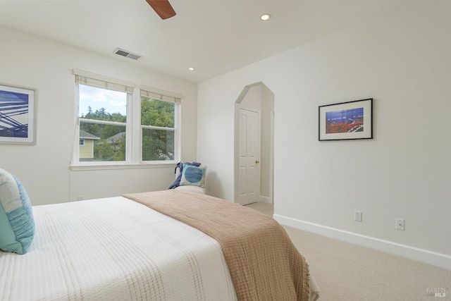 8 June Ct, Fairfax, CA 94930 - bedroom featuring light colored carpet, baseboards, arched walkways, a ceiling fan, and recessed lighting