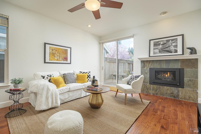 8 June Ct, Fairfax, CA 94930 - living area with wood finished floors, a fireplace, a ceiling fan, baseboards, and recessed lighting
