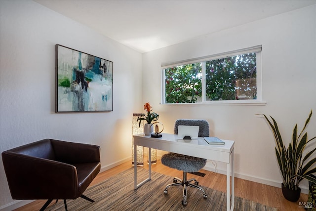 home office featuring baseboards and wood finished floors