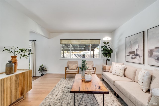 living room with baseboards and wood finished floors