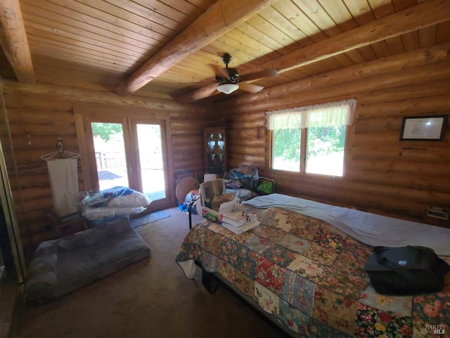 carpeted bedroom featuring access to outside, beamed ceiling, wood ceiling, and a ceiling fan