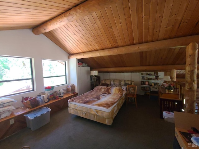 bedroom featuring lofted ceiling with beams, carpet floors, and wooden ceiling