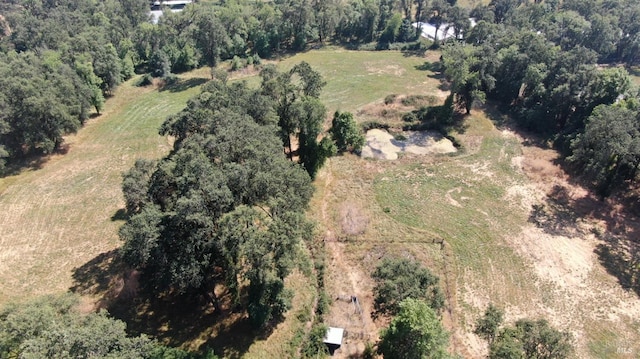 bird's eye view with a wooded view