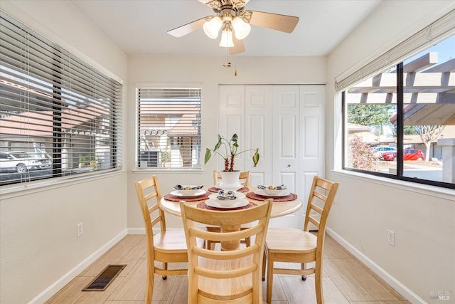 dining room with a ceiling fan, visible vents, and baseboards