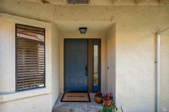 view of exterior entry with stucco siding