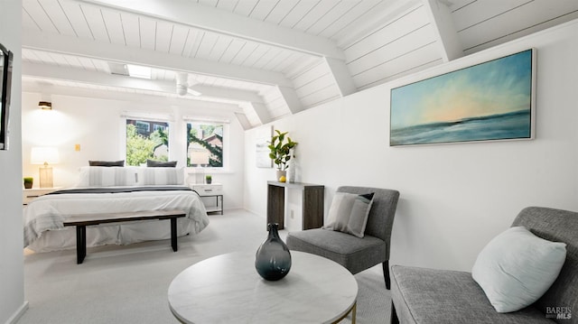 bedroom featuring vaulted ceiling with beams, carpet flooring, and wood ceiling