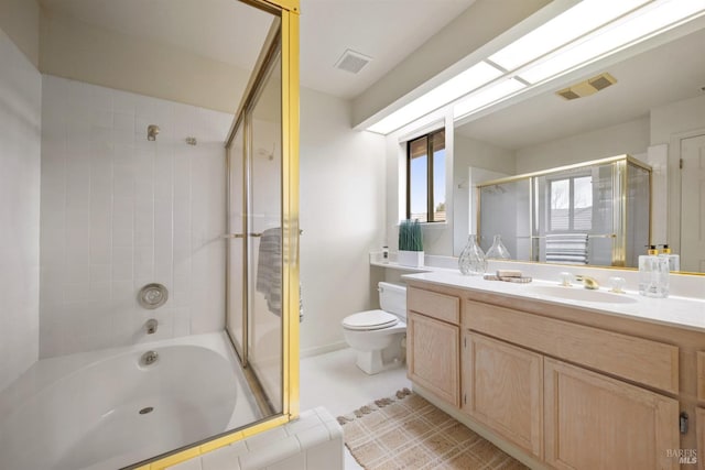 full bathroom with toilet, tile patterned flooring, vanity, and visible vents