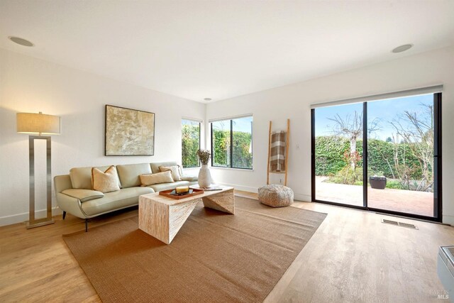 living area featuring light wood-type flooring, visible vents, and baseboards