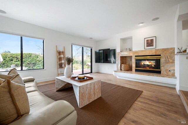 living room with a fireplace, baseboards, and wood finished floors